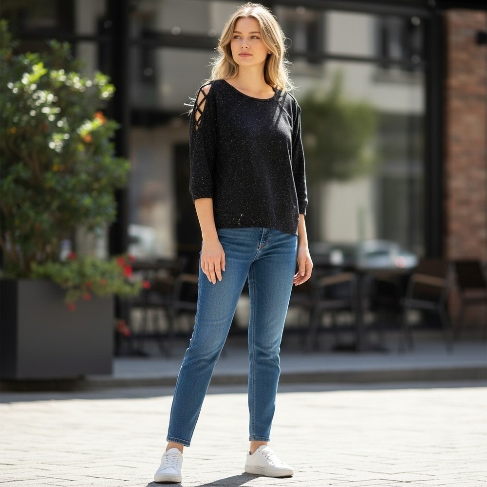 Steve Madden Sweatshirt Women S Black Speckle Cold Shoulder Lace Up French Terry